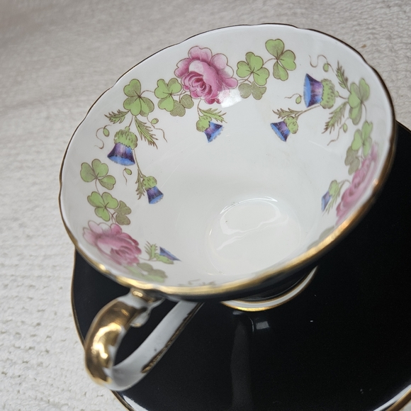 Ansley England Tea Cup and Saucer BLACK Floral Flowers Floral Design Teacup - Picture 15 of 16